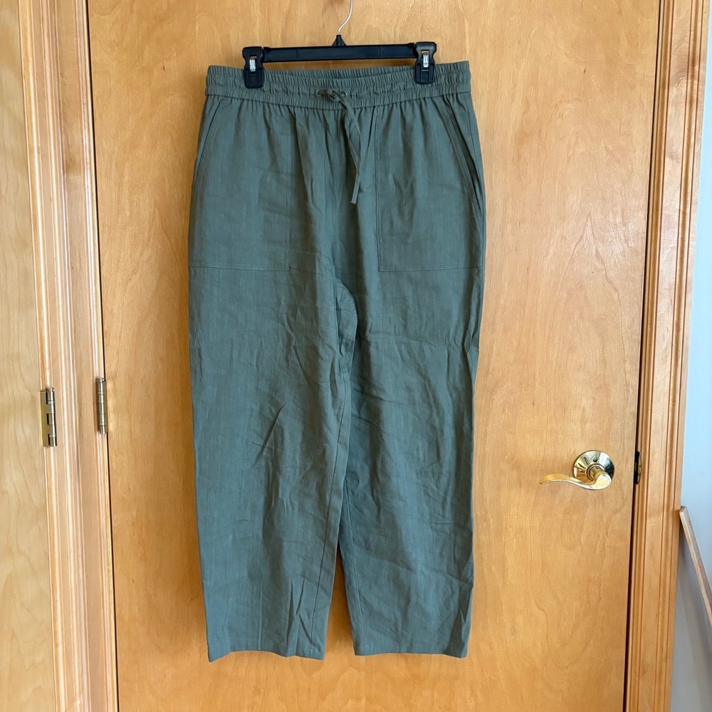 Theory Cortland Caliver Olive Green Linen Blend Drawstring Waist Pants Women's L